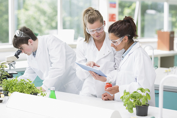 Photo of students working with plants and tablet in a lab